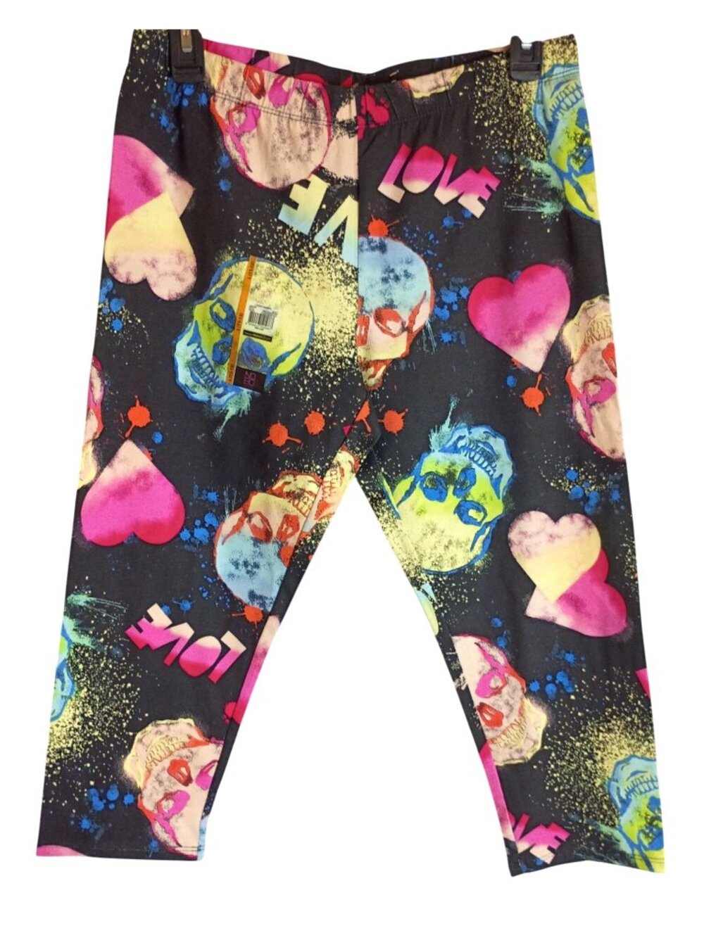 NWT No Boundaries Juniors L 11-13 Black Neon Skull Hearts Love Capri Leggings